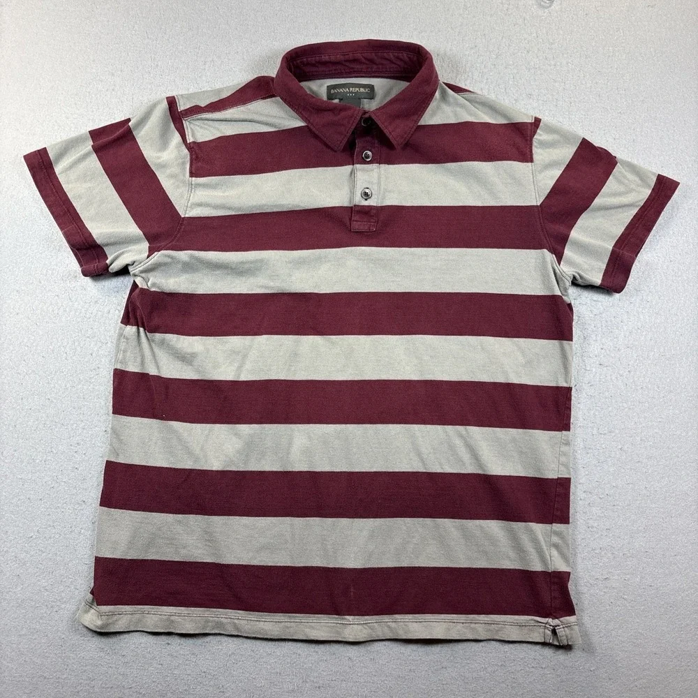 Banana Republic Short Sleeve Polo Rugby Mens Maroon Striped Sz Med Casual Cotton